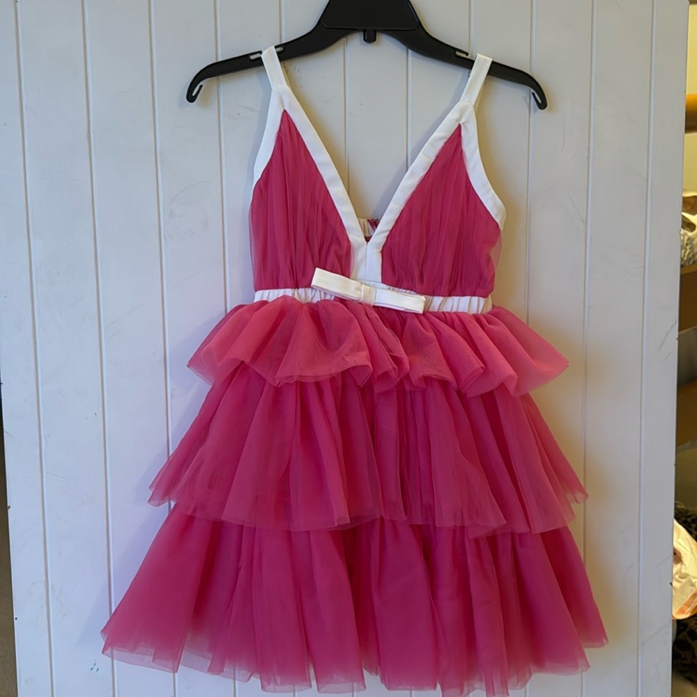 Pink tulle layered dress with white contrast and bow mini dress Mabel brand sz S